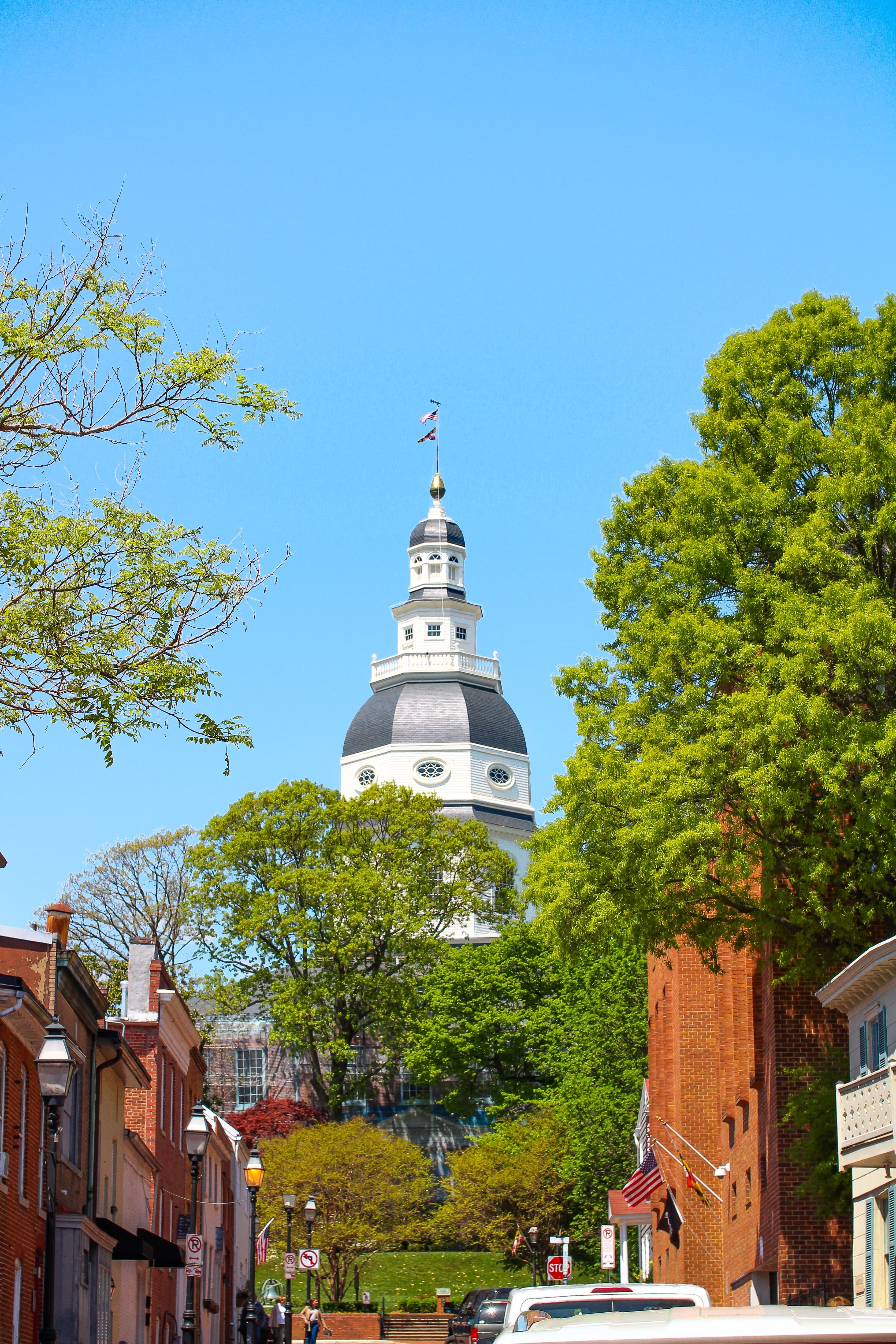 The Maryland State House dome viewed from a downtown Annapolis street